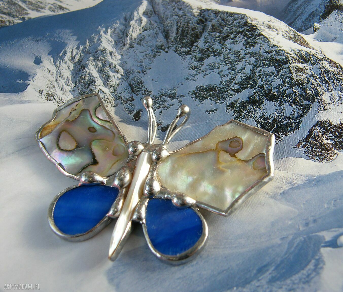 Wisiorek motyl z muszlą abalone (paua) - technika Tiffany, masa perłowa