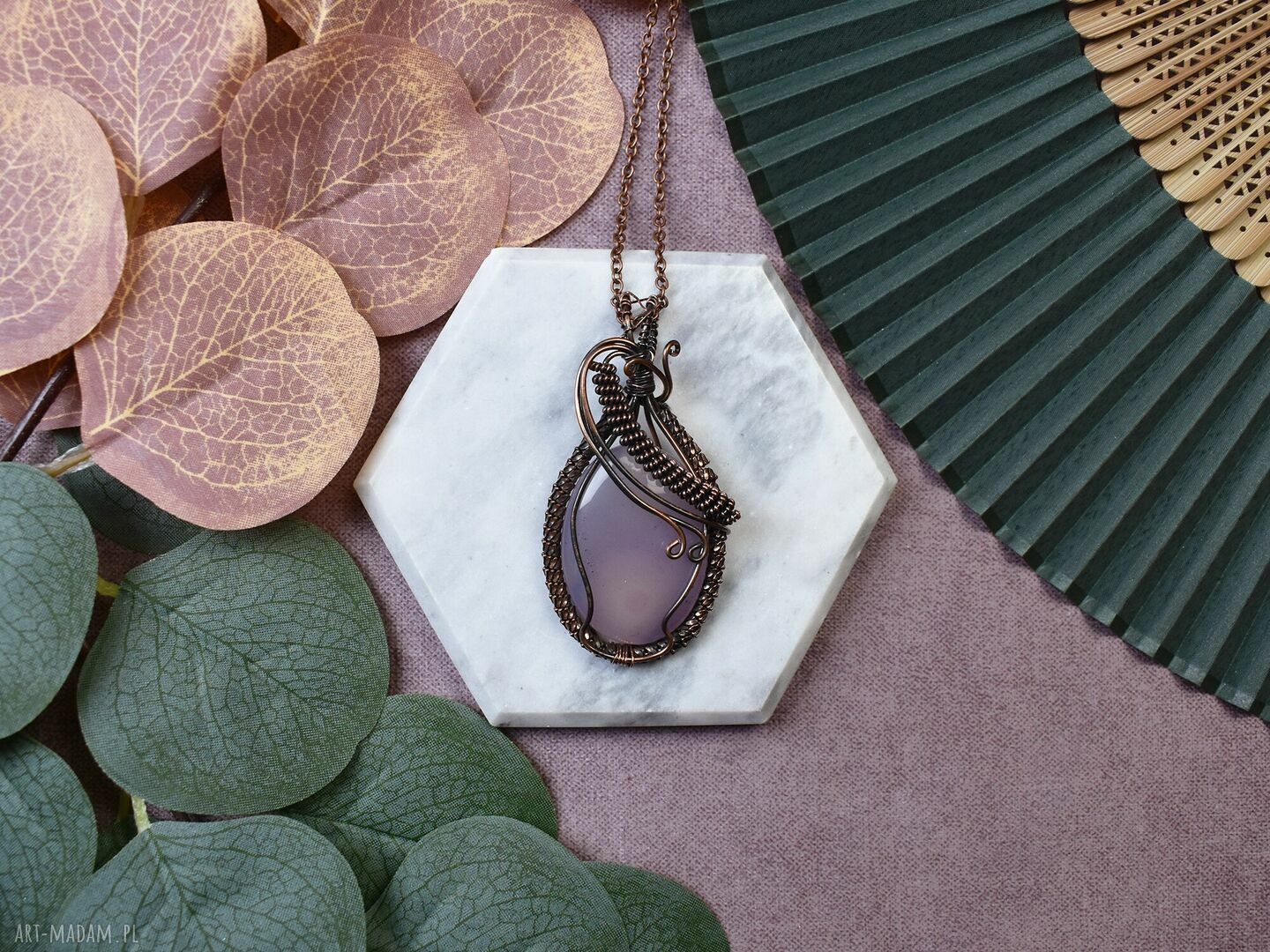 Miedziany wisiorek wire wrapping z agatem fioletowy kamień #231