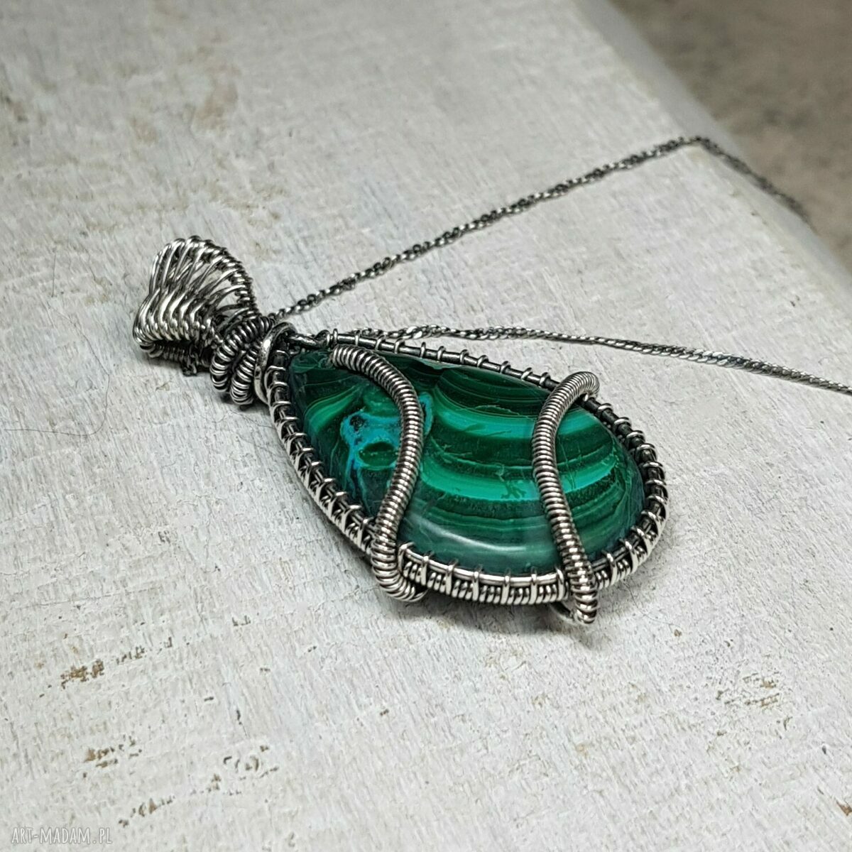 Malachit z Azurytem - wisiorek wire wrapping ze srebra 999 (rękodzieło)