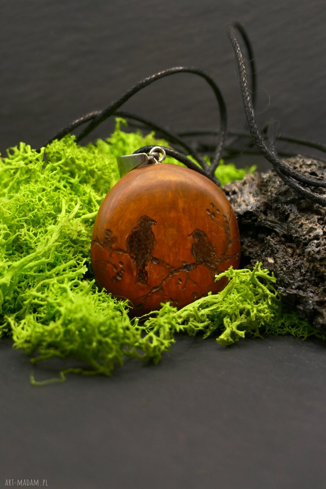 Wisiorek 'Ptaki' z brzozy - pirografia wypalana w drewnie, handmade