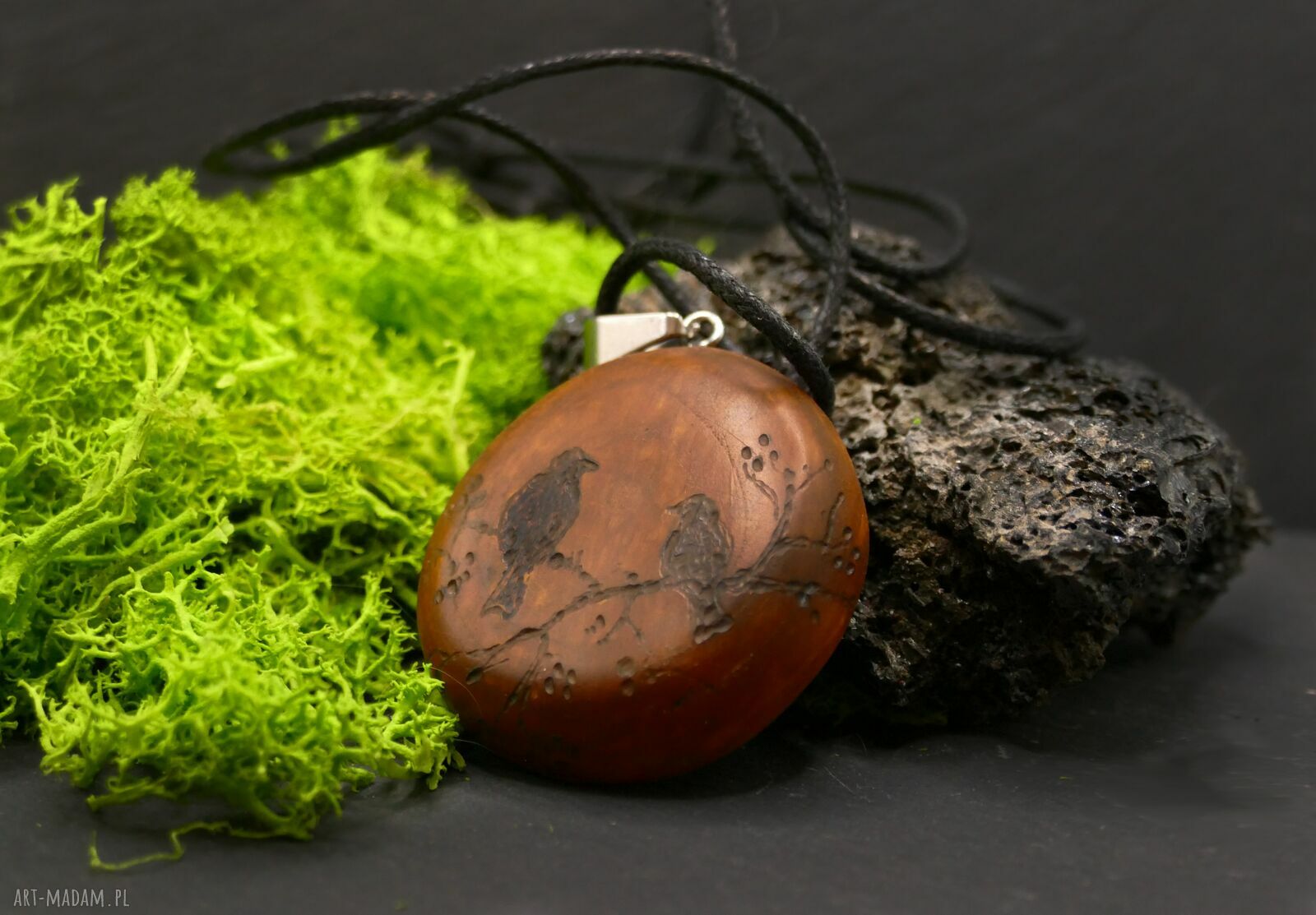 Wisiorek 'Ptaki' z brzozy - pirografia wypalana w drewnie, handmade