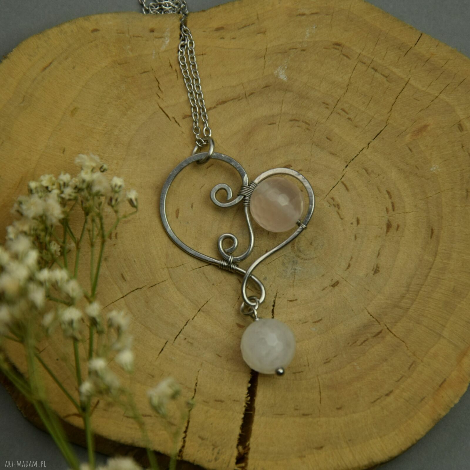 Wisiorek serce z kwarcem różowym wire wrapping - stal chirurgiczna