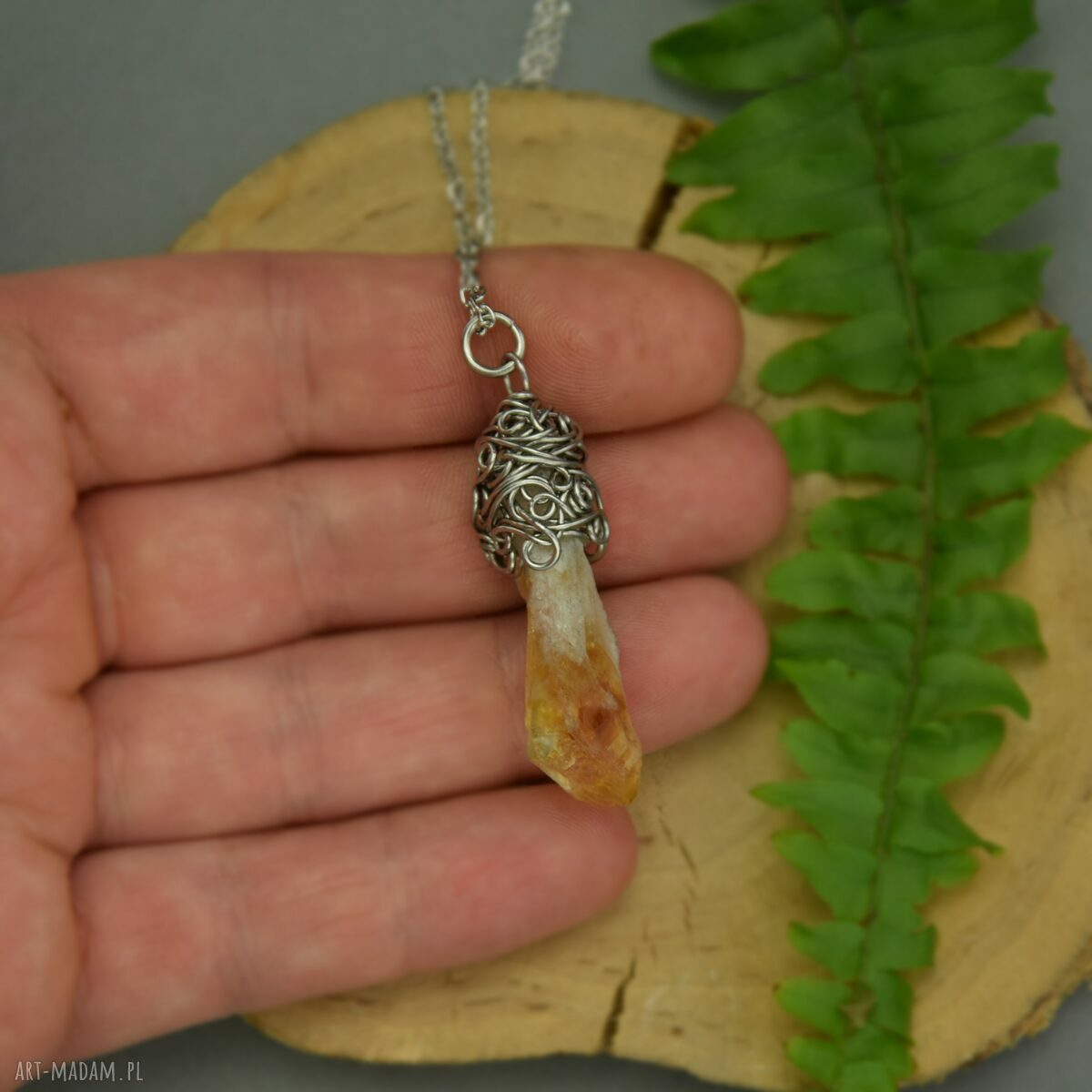 Wisiorek talizman z surowym cytrynem - wire wrapping ze stali chirurgicznej