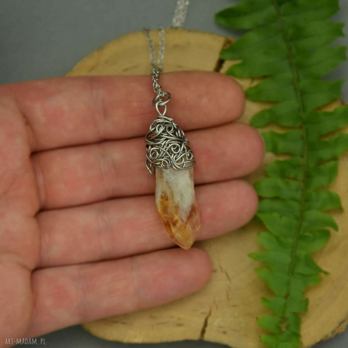 Wisiorek talizman z surowym cytrynem - wire wrapping ze stali chirurgicznej