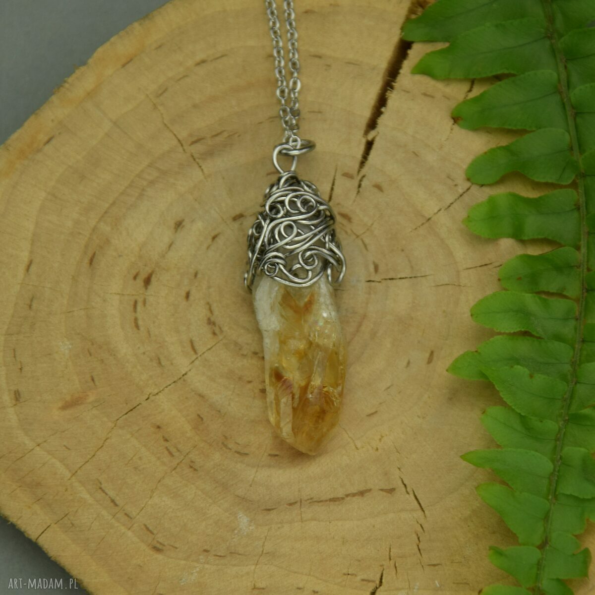 Wisiorek talizman z surowym cytrynem - wire wrapping ze stali chirurgicznej
