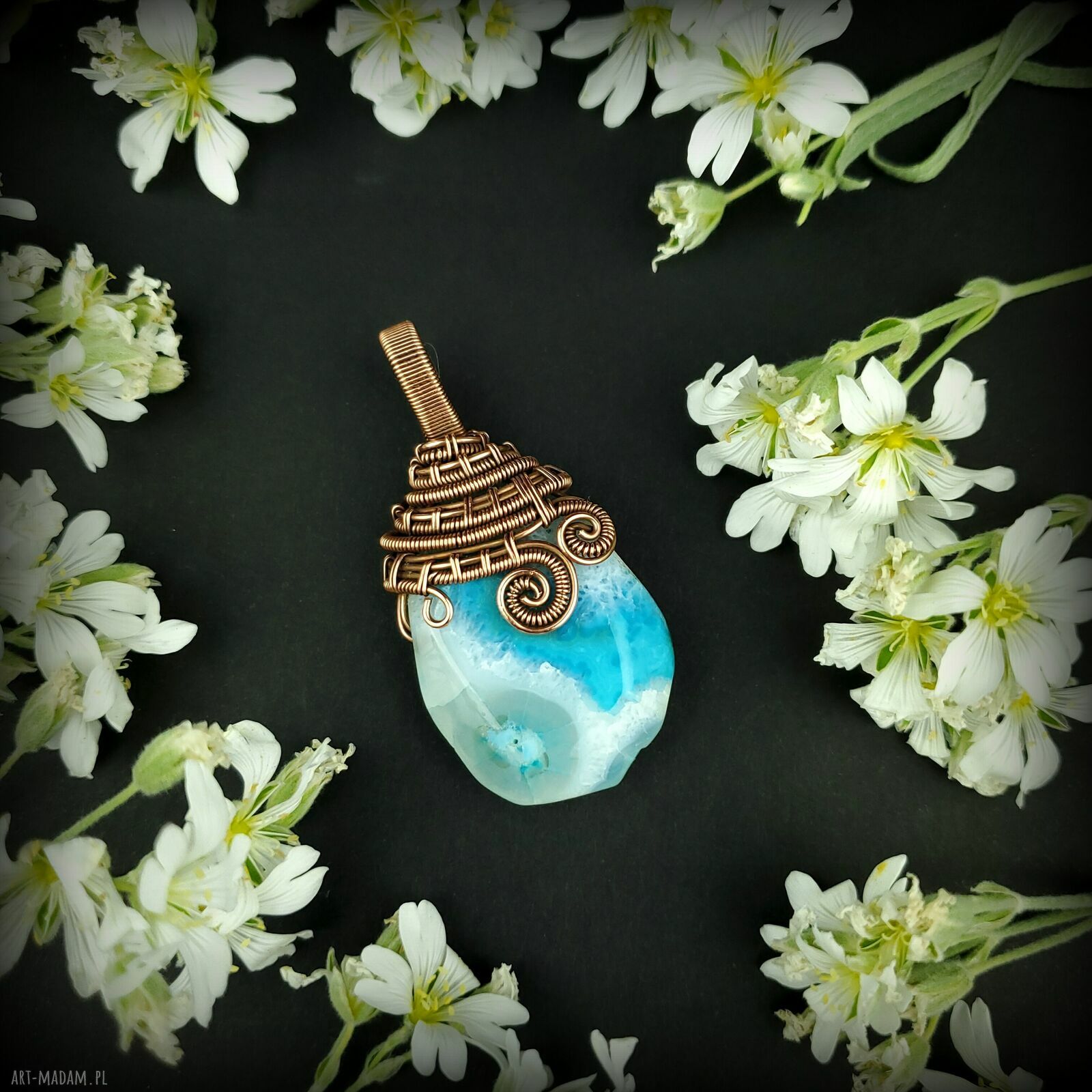 Wisiorek wire wrapping z agatem - miedziany dwustronny