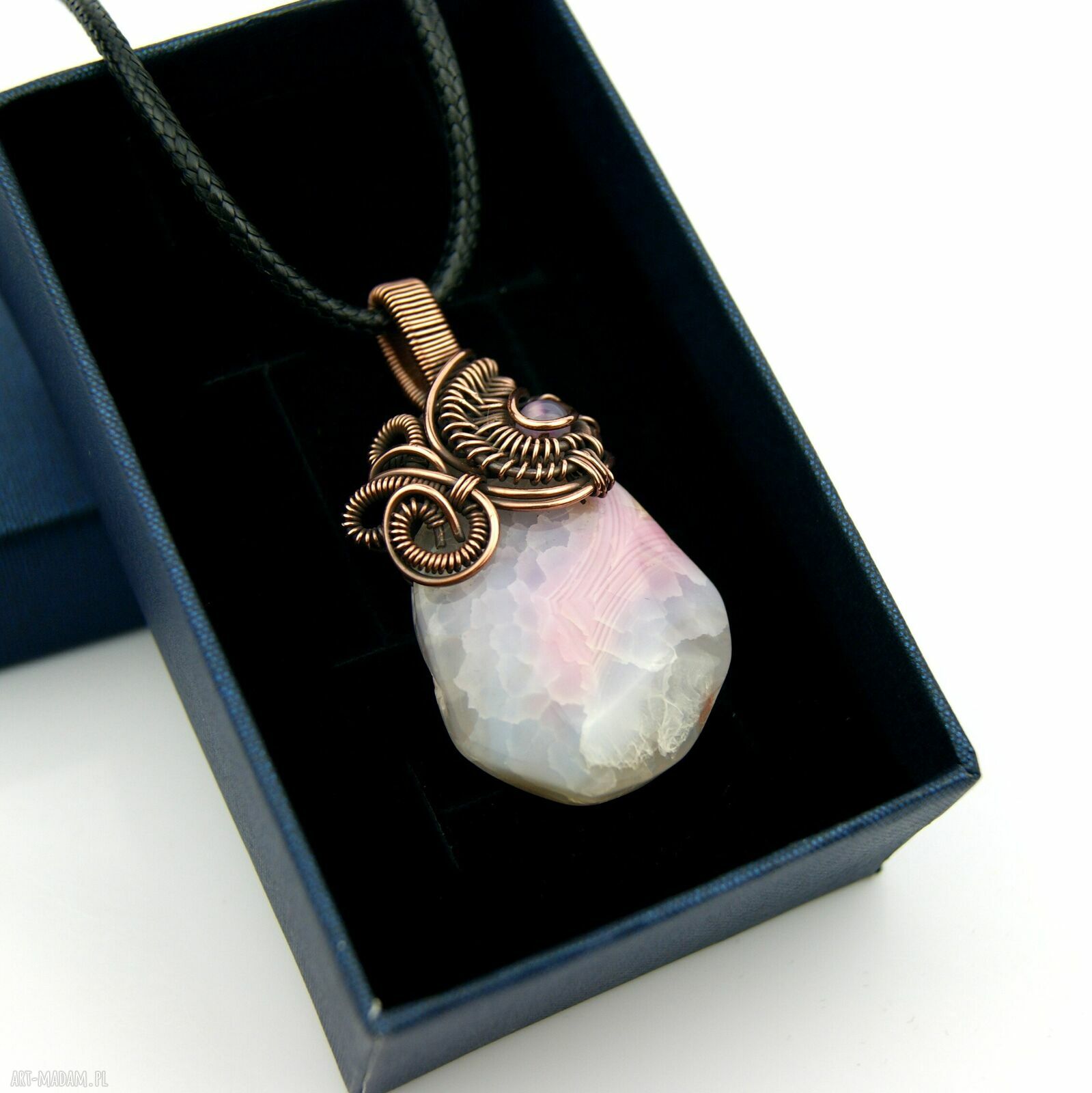 Miedziany wisiorek wire wrapping z agatem - prezent dla niej