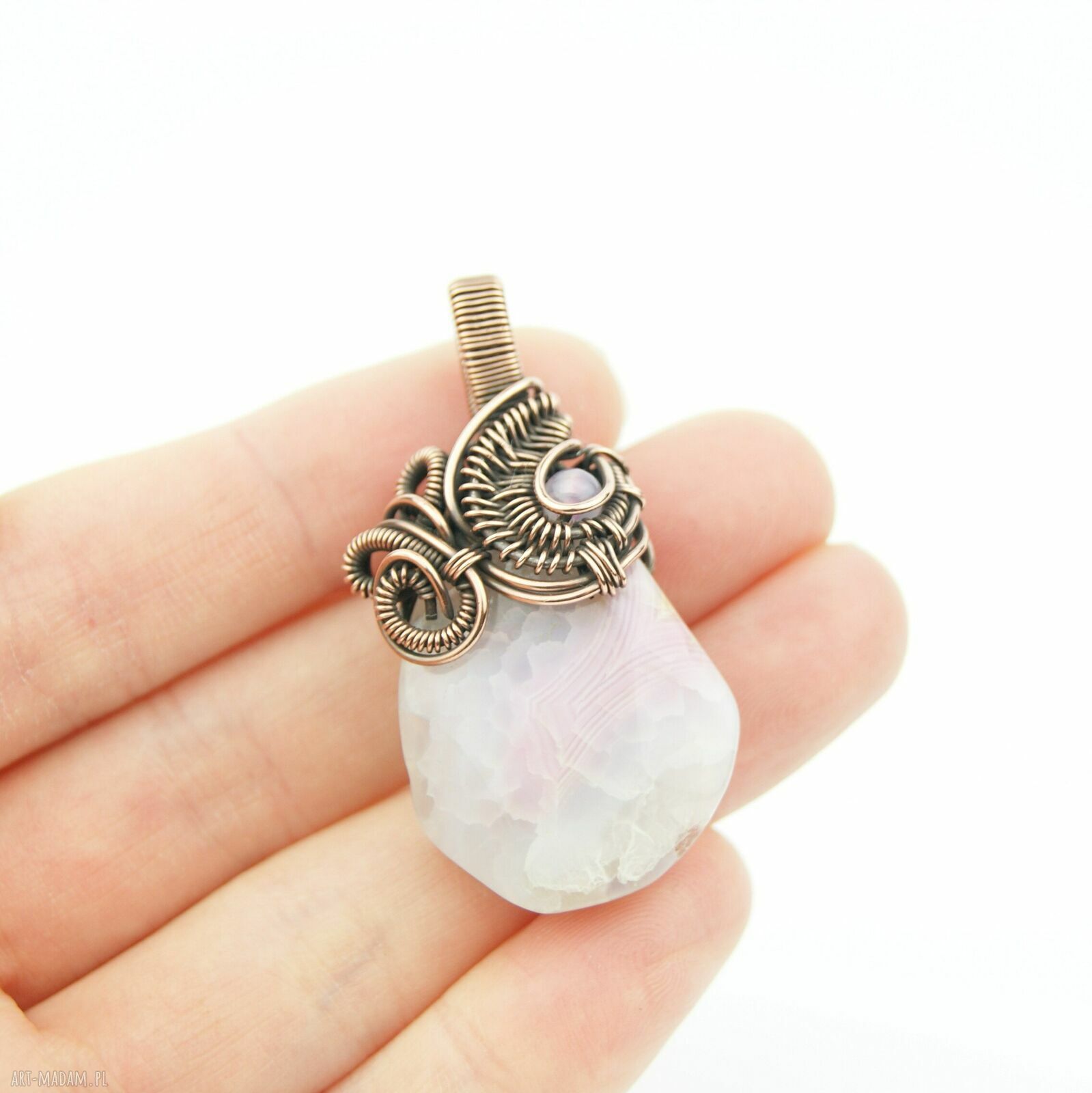 Miedziany wisiorek wire wrapping z agatem - prezent dla niej