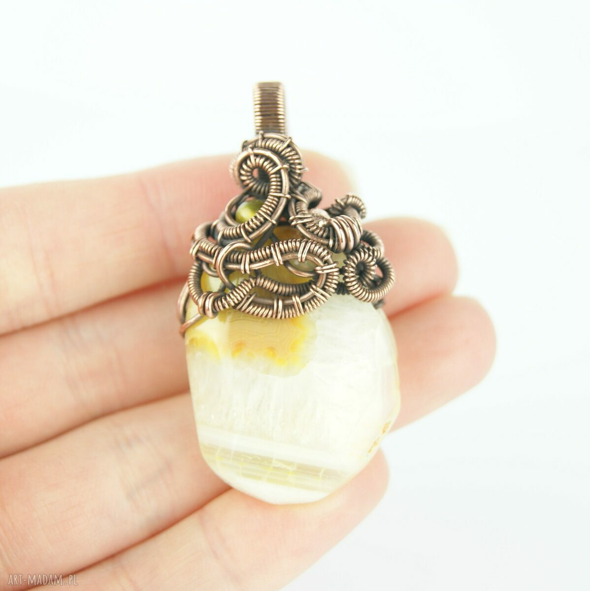 Wisiorek wire wrapping z żółtymi agatami - miedziany oksydowany, ręcznie robiony