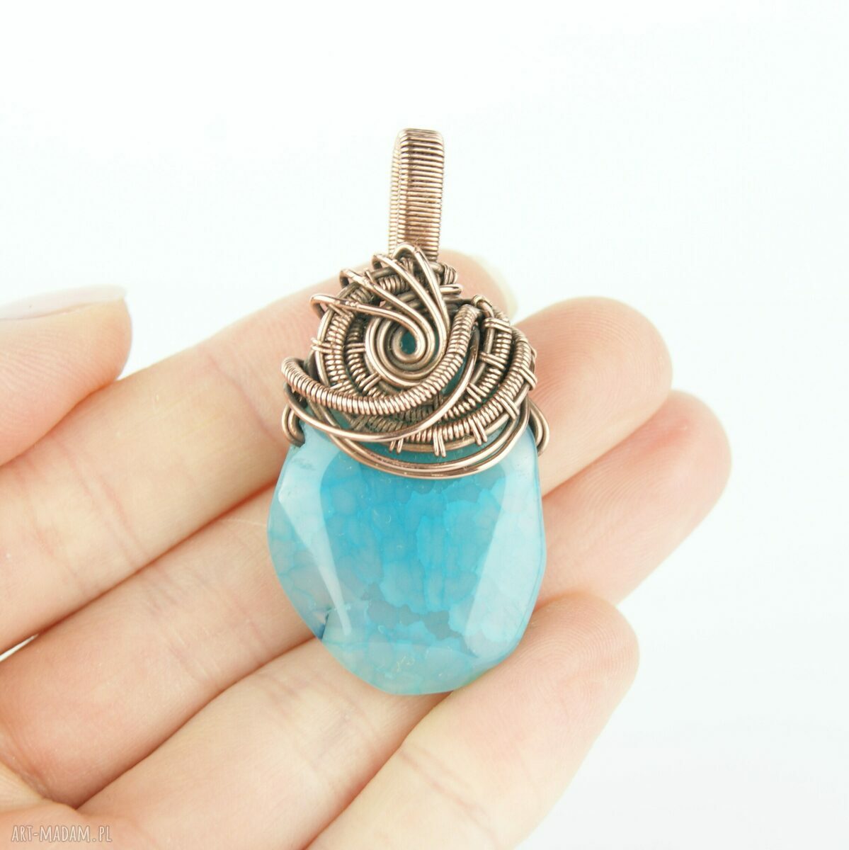 Wisiorek wire wrapping z agatem - miedziana, oksydowana oprawa