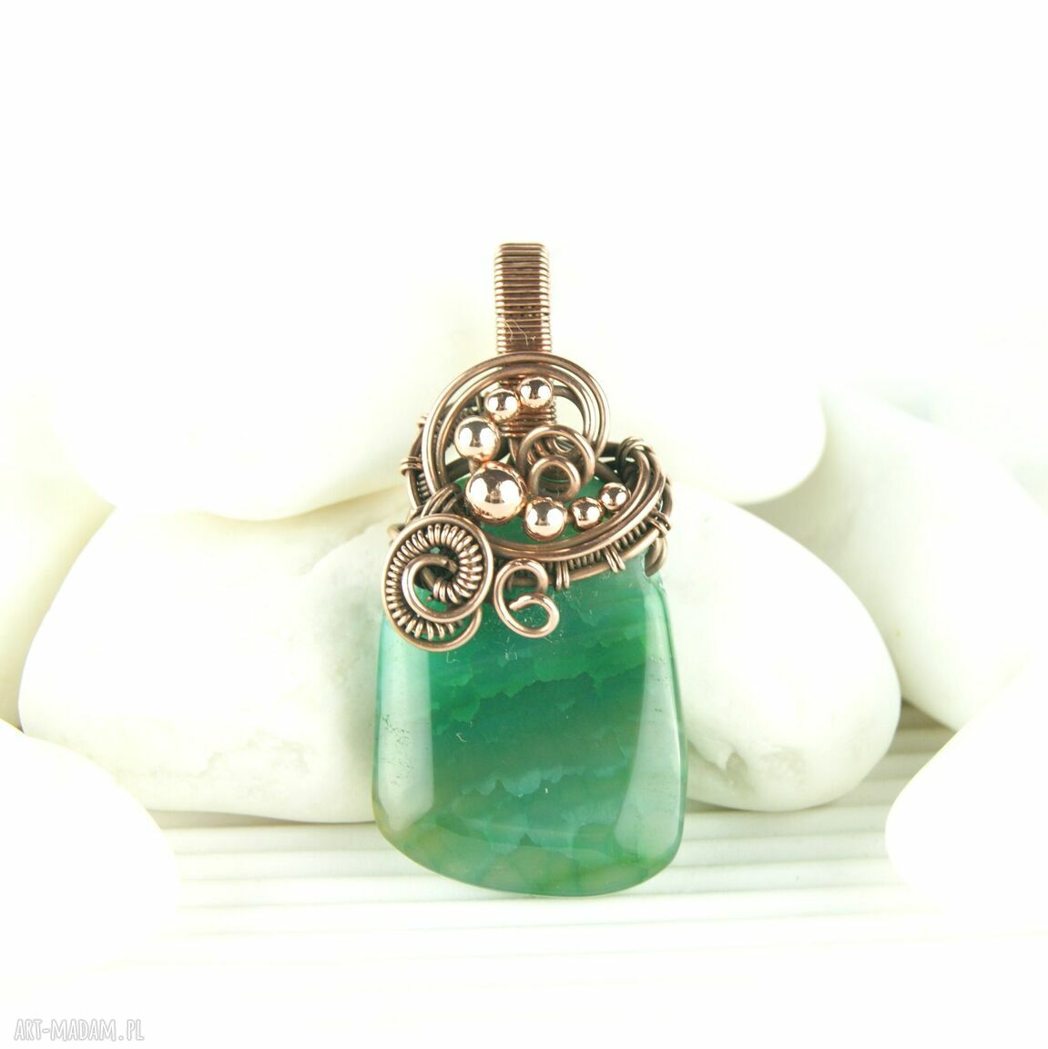 Wisiorek wire wrapping z zielonym agatem - miedziany, ręcznie robiony
