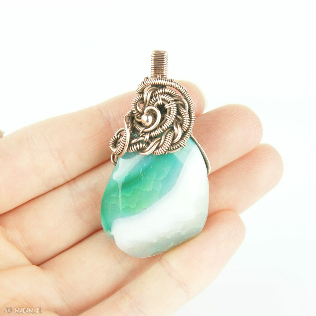 Zielony wisiorek wire wrapping z agatem