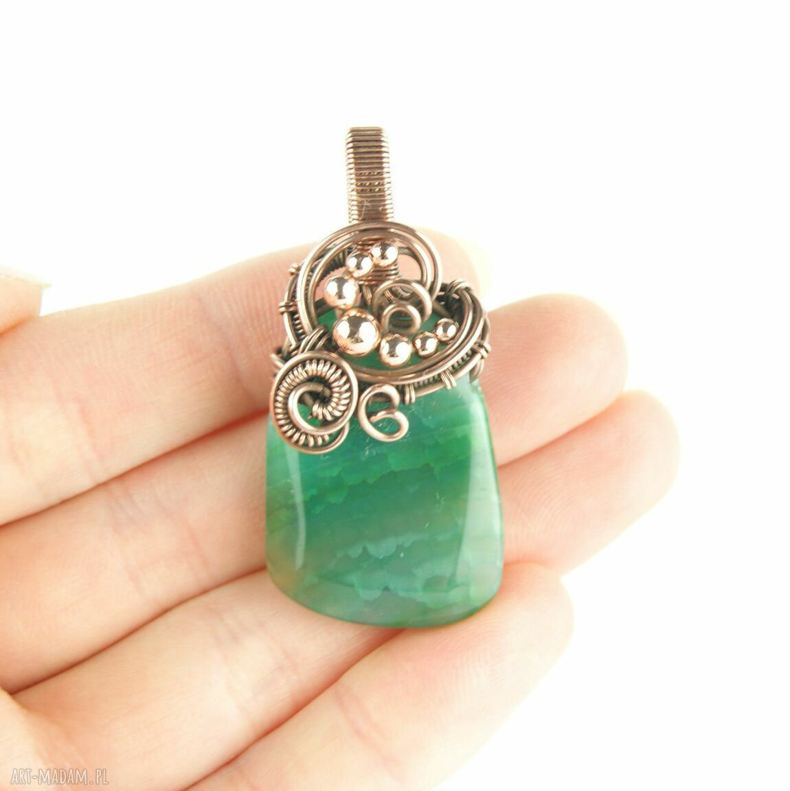 Wisiorek wire wrapping z zielonym agatem - miedziany, ręcznie robiony