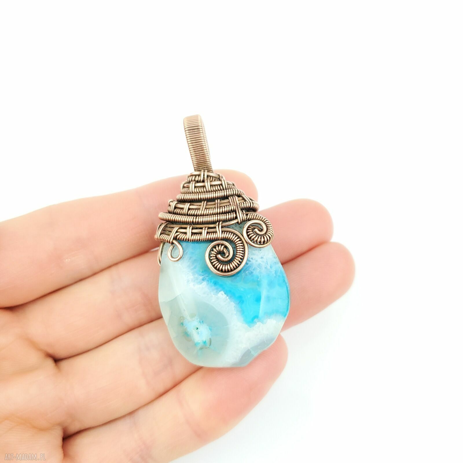 Wisiorek wire wrapping z agatem - miedziany dwustronny