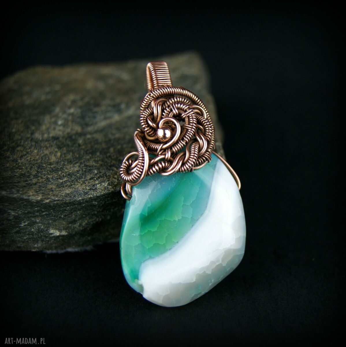 Zielony wisiorek wire wrapping z agatem