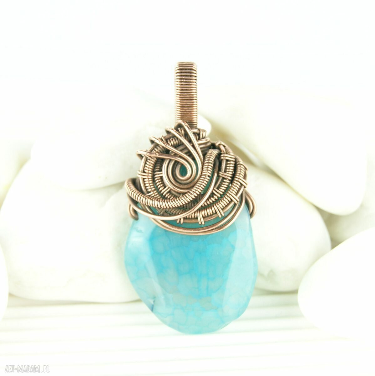 Wisiorek wire wrapping z agatem - miedziana, oksydowana oprawa