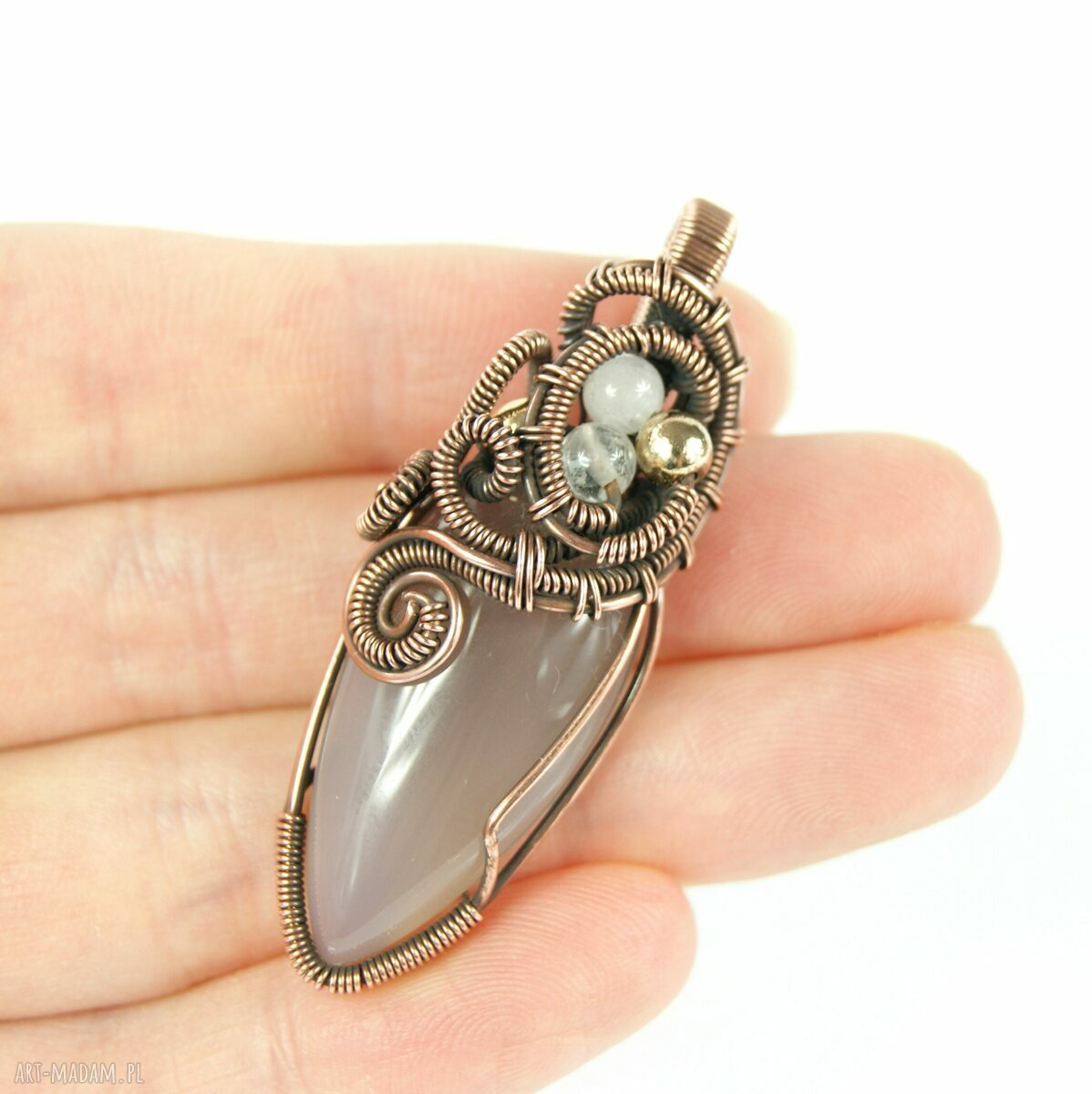 Wisiorek z agatem i różowym kwarcem - ręcznie robiony wire wrapping