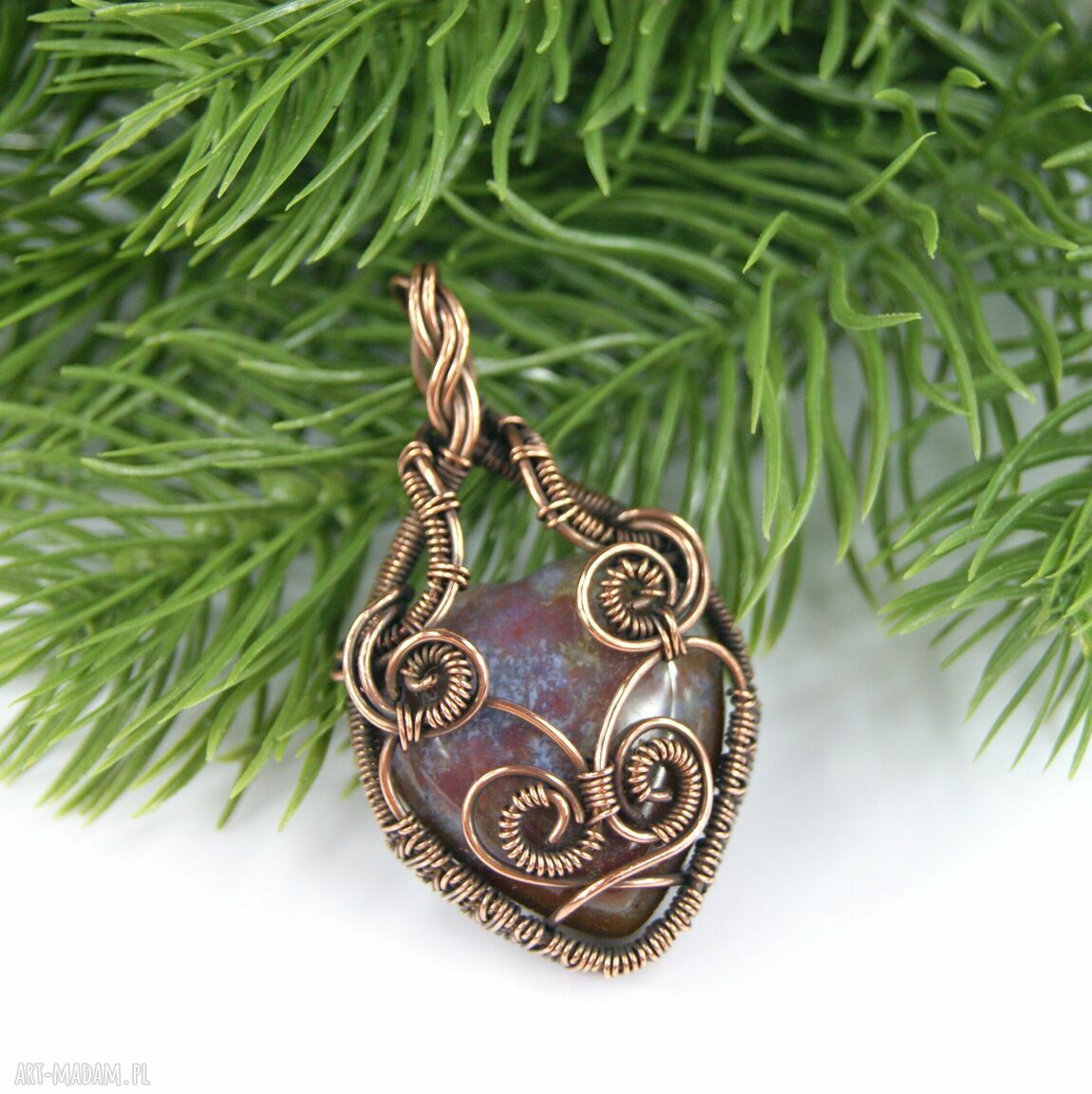 Wisiorek z agatem dla niej - miedziany talizman wire wrapping