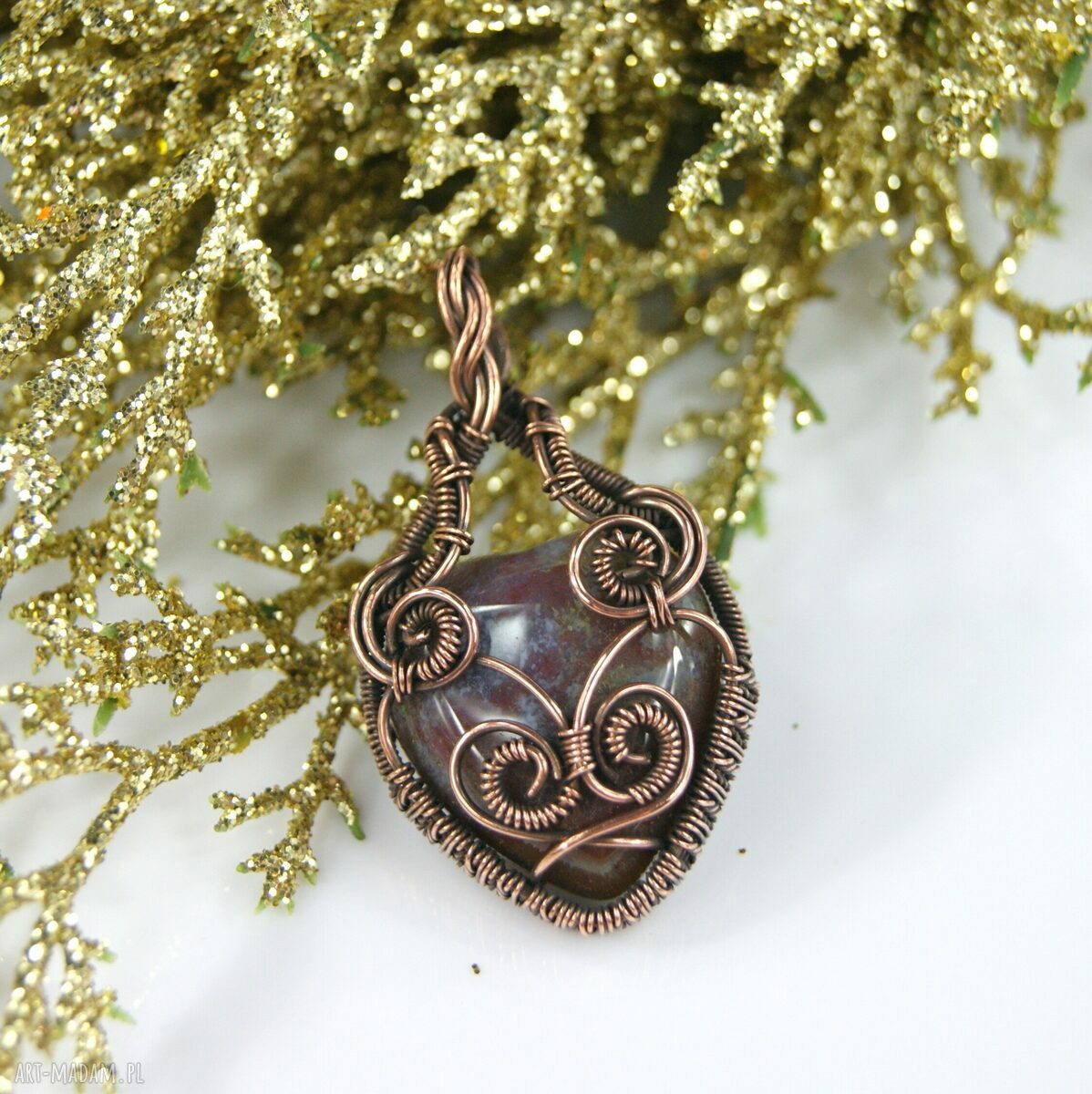 Wisiorek z agatem dla niej - miedziany talizman wire wrapping