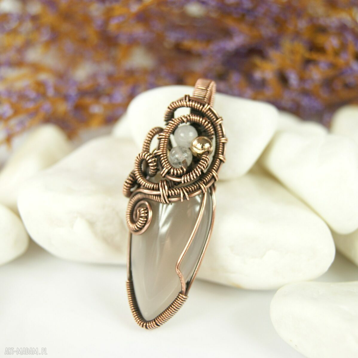 Wisiorek z agatem i różowym kwarcem - ręcznie robiony wire wrapping