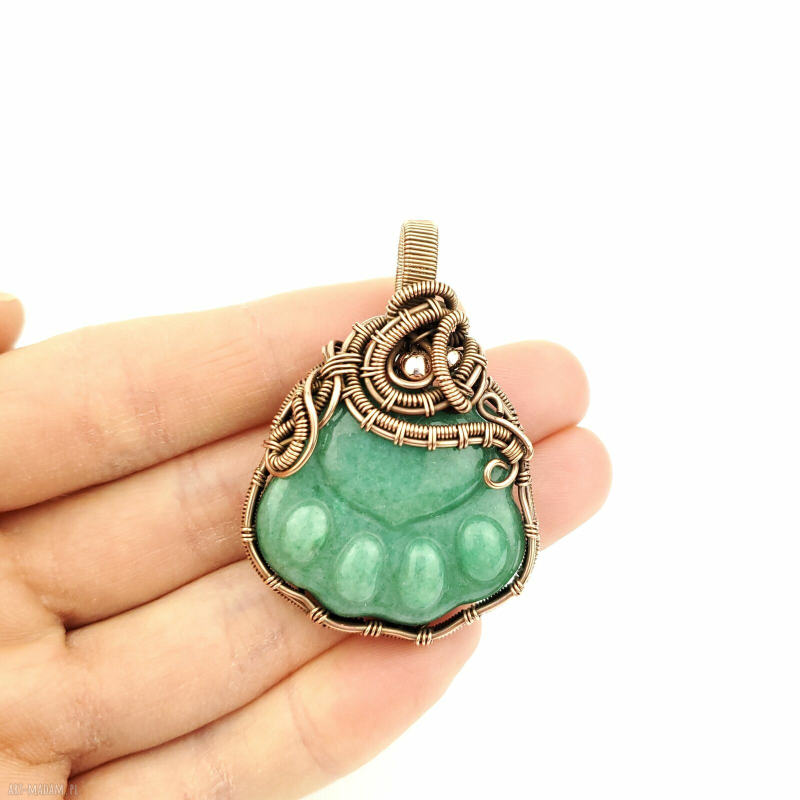 Wisiorek z awenturynem w kształcie łapki - ręcznie robiony wire wrapping