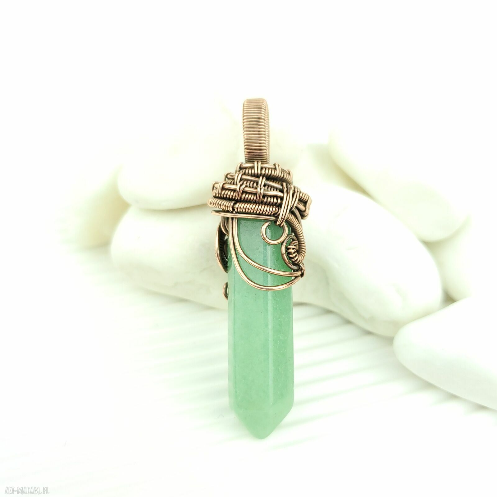 Wisiorek z awenturynem wire wrapping - miedziana oprawa