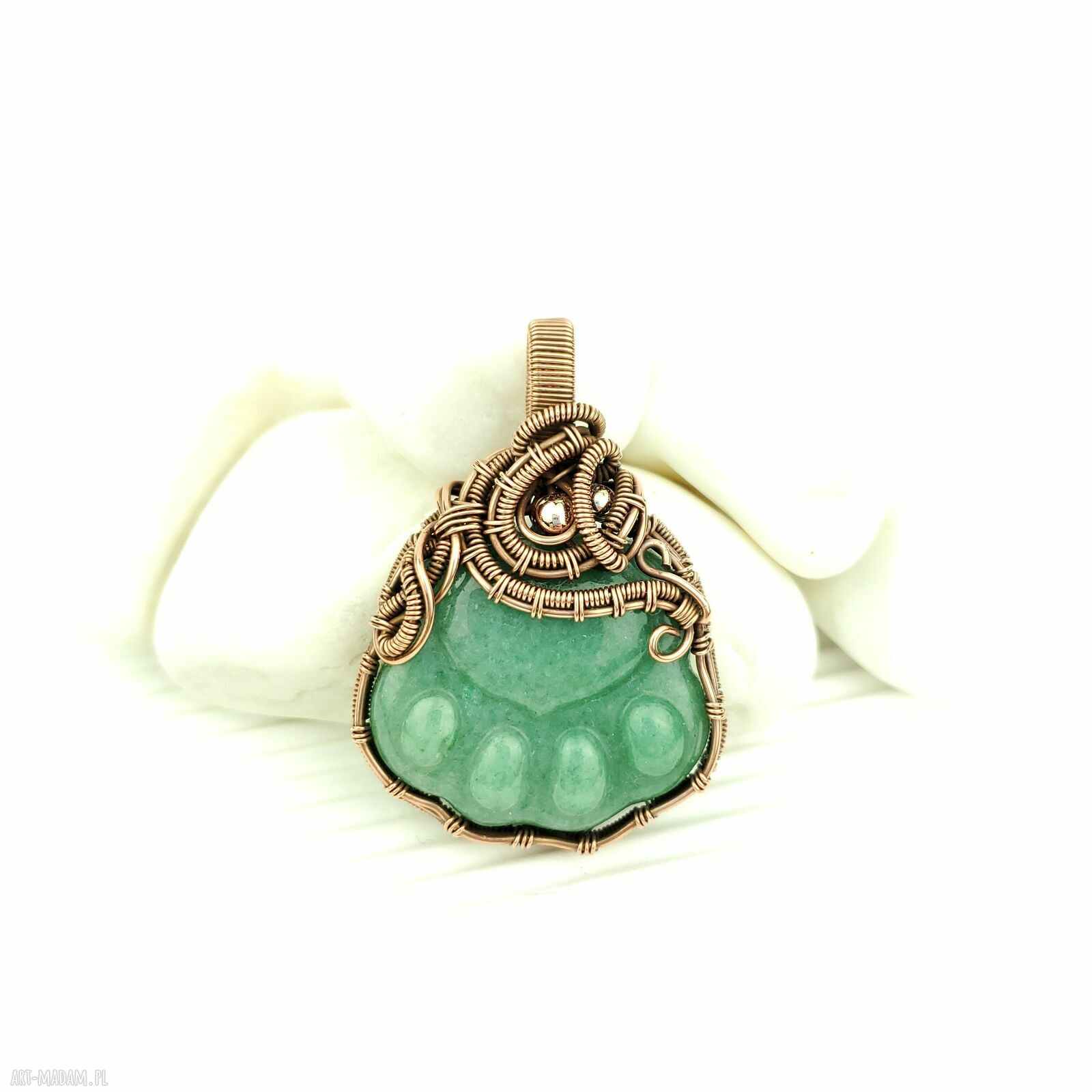 Wisiorek z awenturynem w kształcie łapki - ręcznie robiony wire wrapping