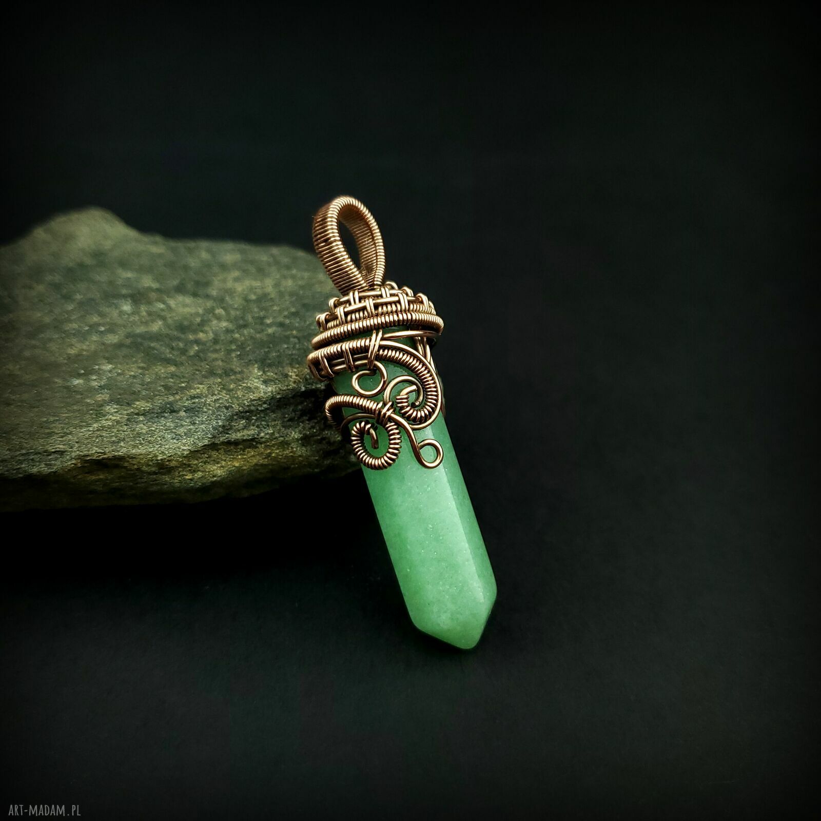 Wisiorek z awenturynem wire wrapping - miedziana oprawa