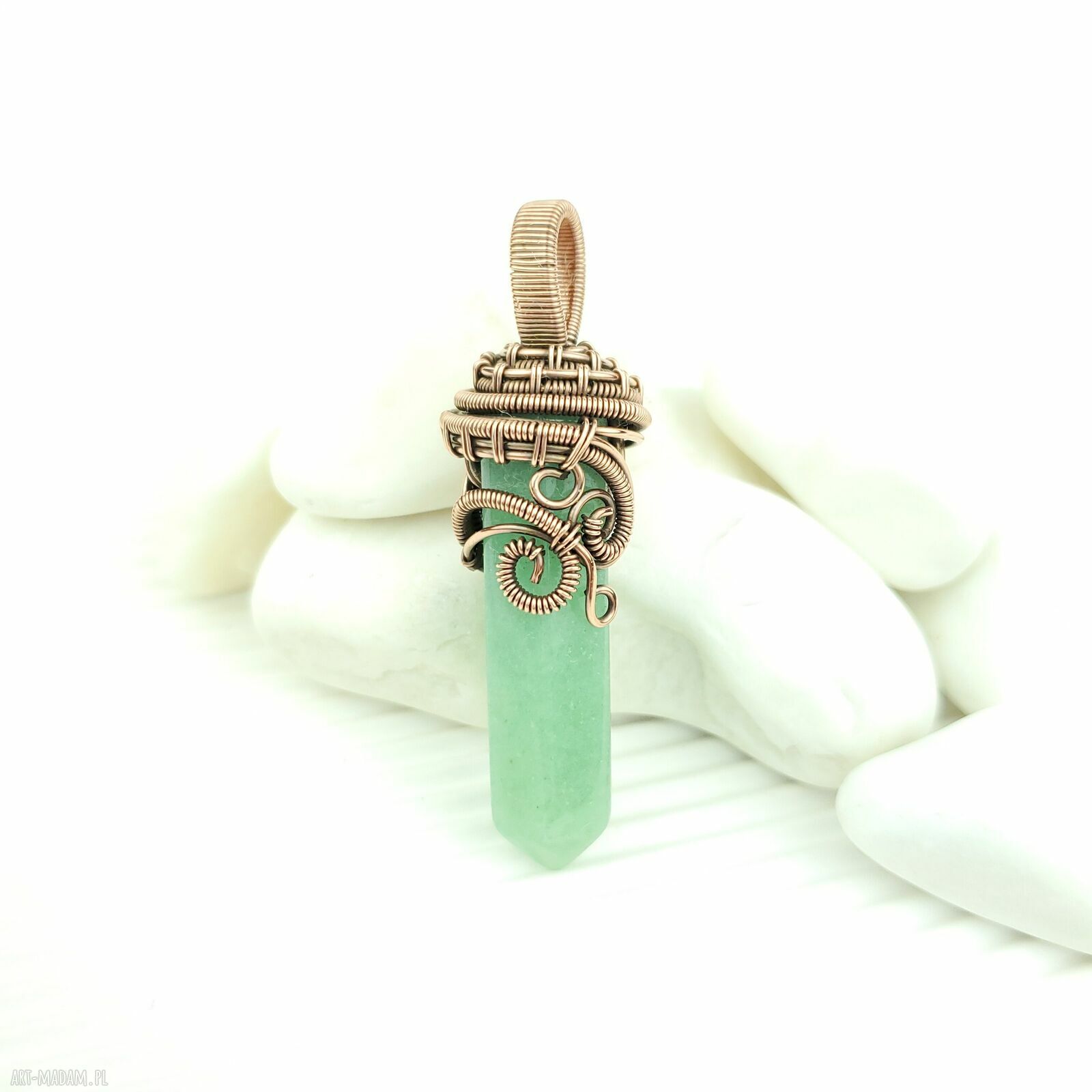 Wisiorek z awenturynem wire wrapping - miedziana oprawa