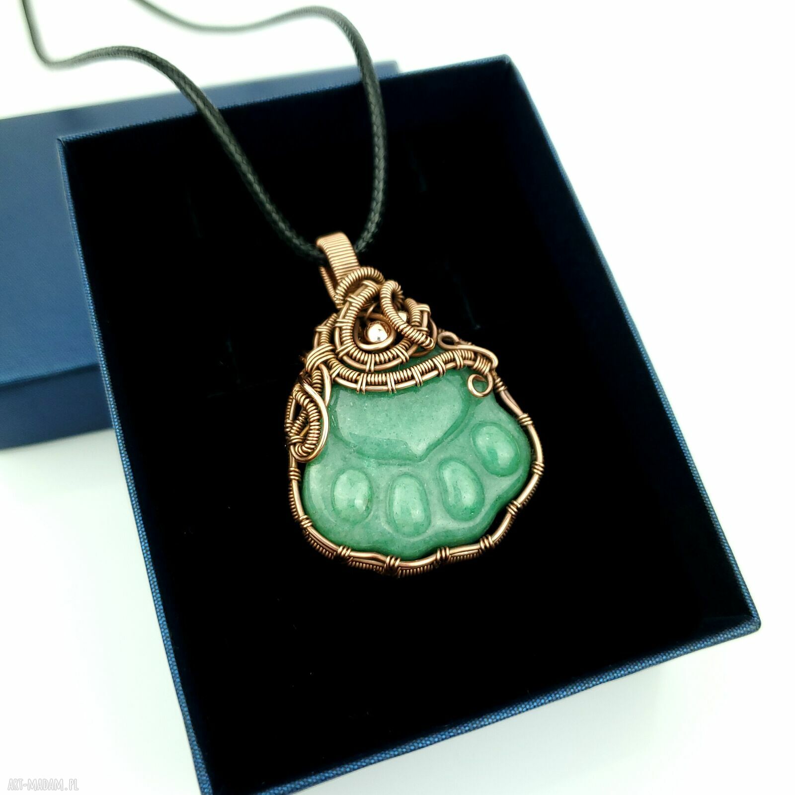 Wisiorek z awenturynem w kształcie łapki - ręcznie robiony wire wrapping
