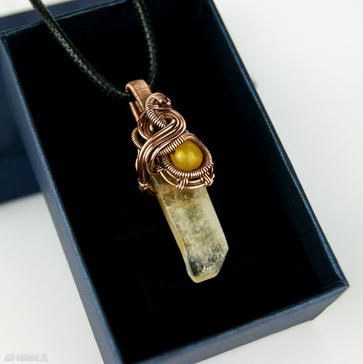 Wisiorek z cytrynem i agatem - miedziany wire wrapping na prezent