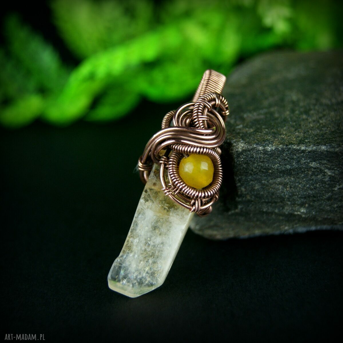 Wisiorek z cytrynem i agatem - miedziany wire wrapping na prezent