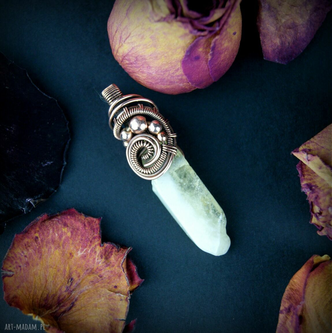 Wisiorek z cytrynem - miedziany wire wrapping na prezent