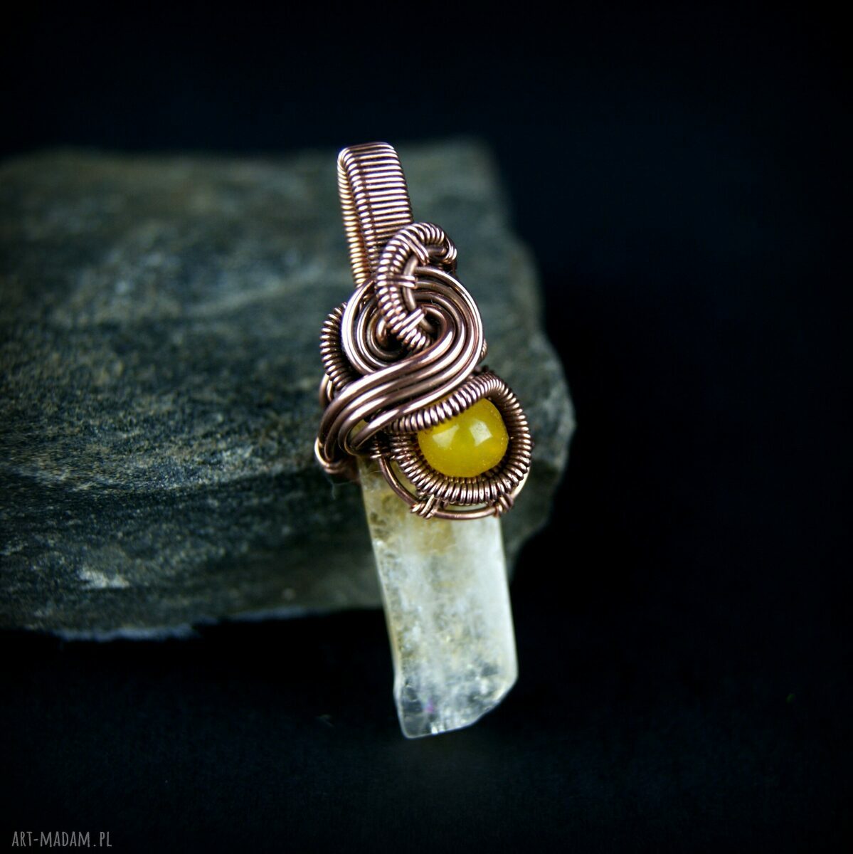 Wisiorek z cytrynem i agatem - miedziany wire wrapping na prezent