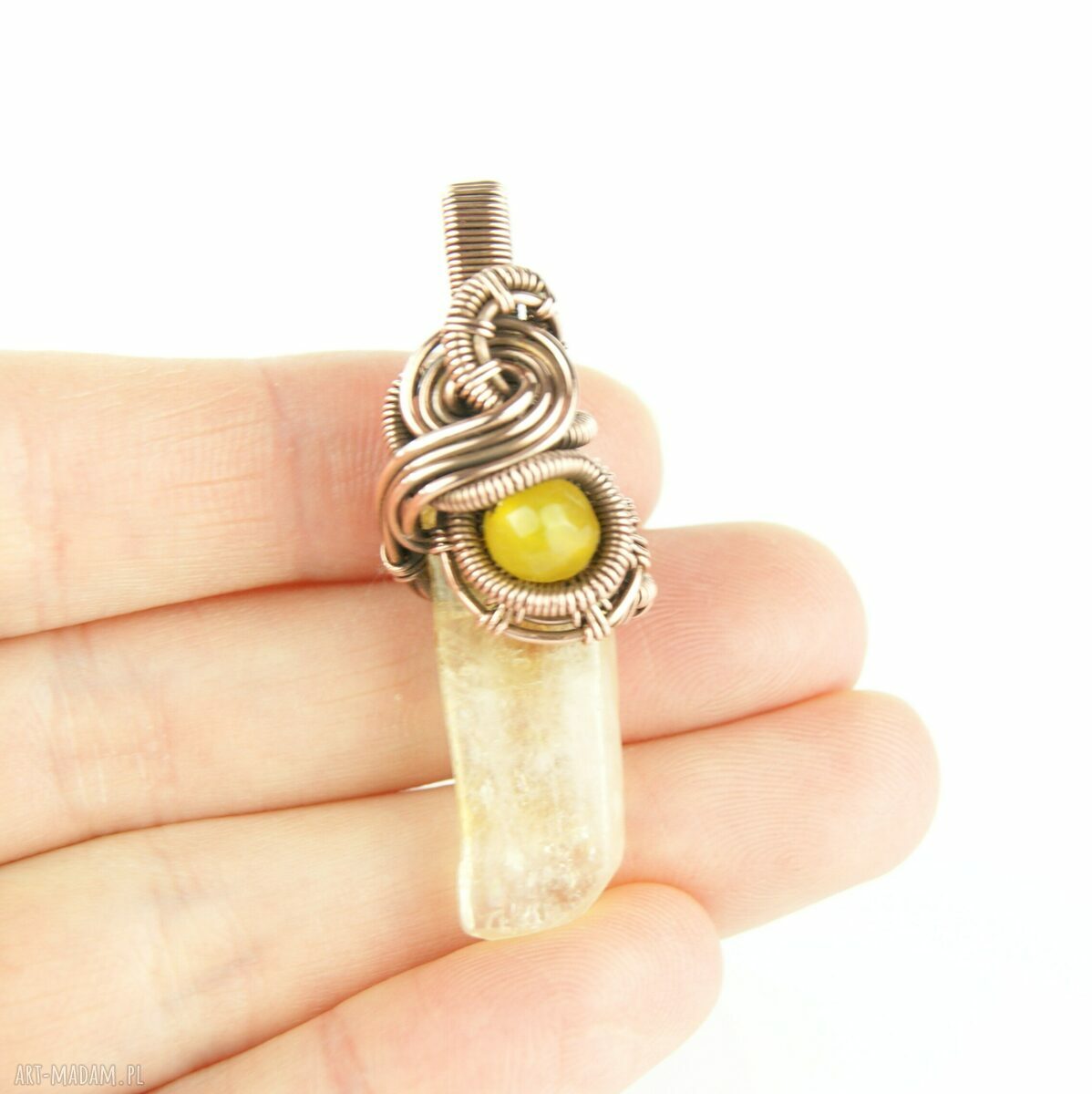 Wisiorek z cytrynem i agatem - miedziany wire wrapping na prezent