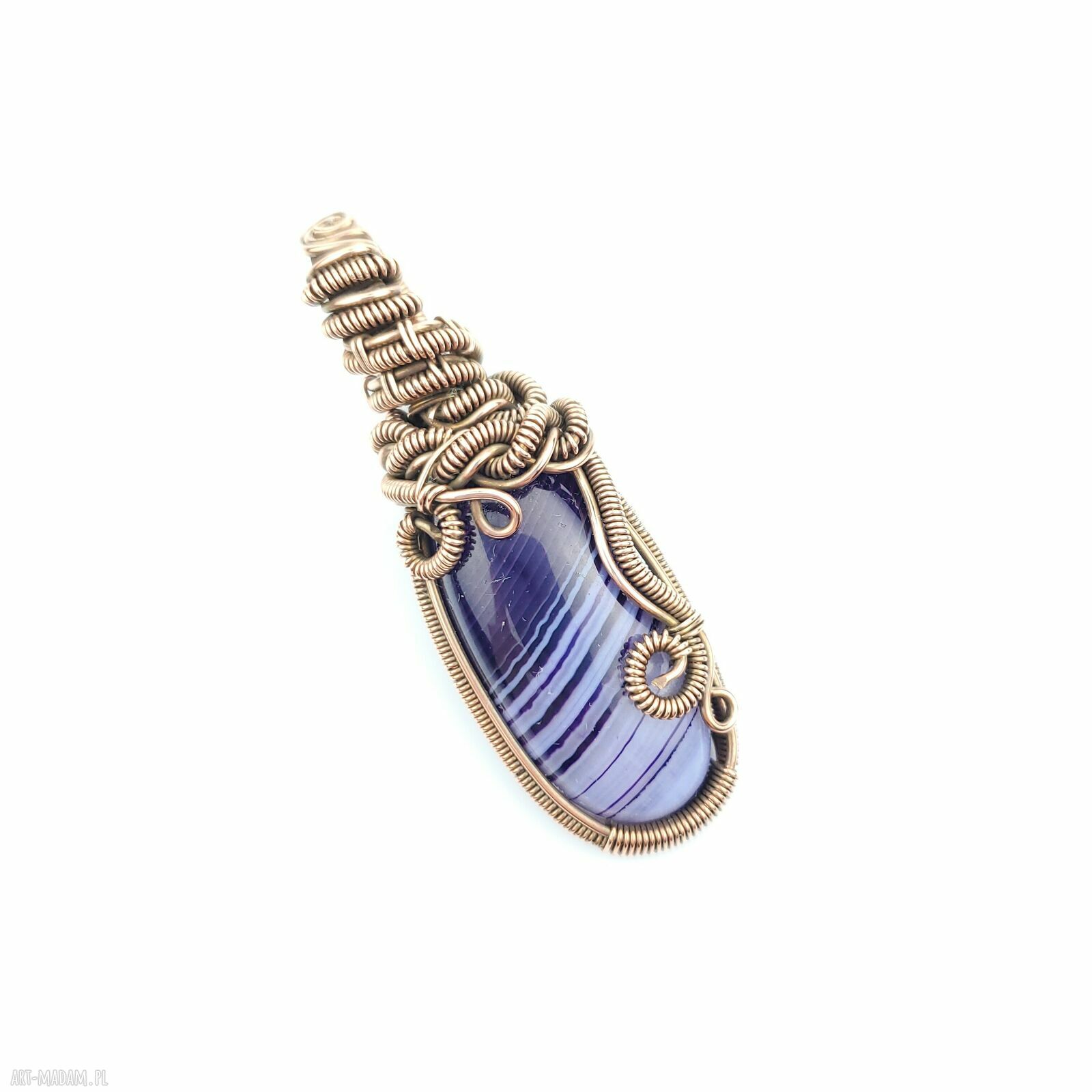 Wisiorek z fioletowym agatem w miedzianej oprawie wire wrapping