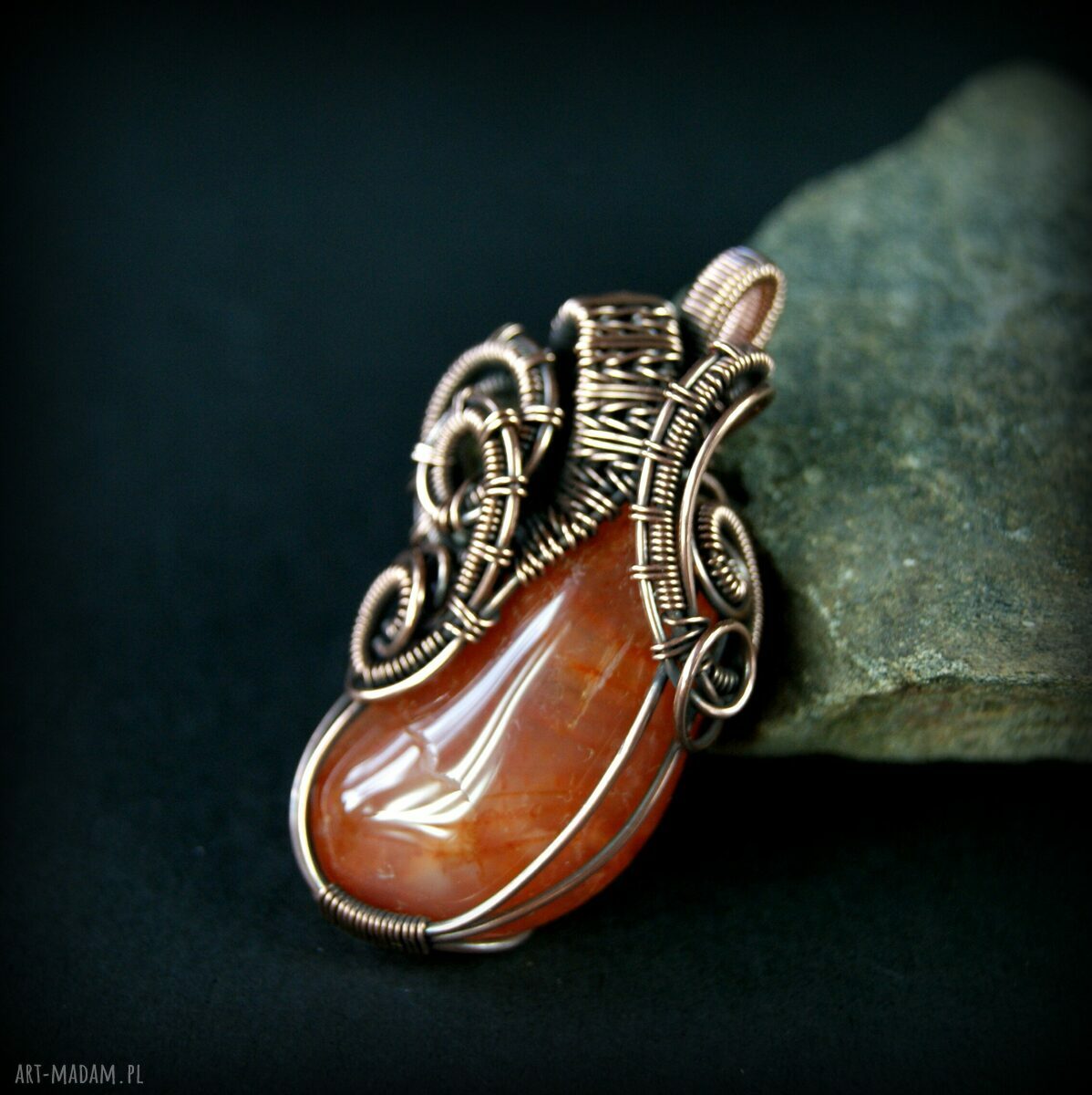 Wisiorek z karneolem i agatem - miedziany wire wrapping dla niej