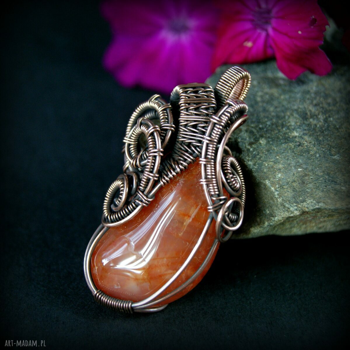 Wisiorek z karneolem i agatem - miedziany wire wrapping dla niej