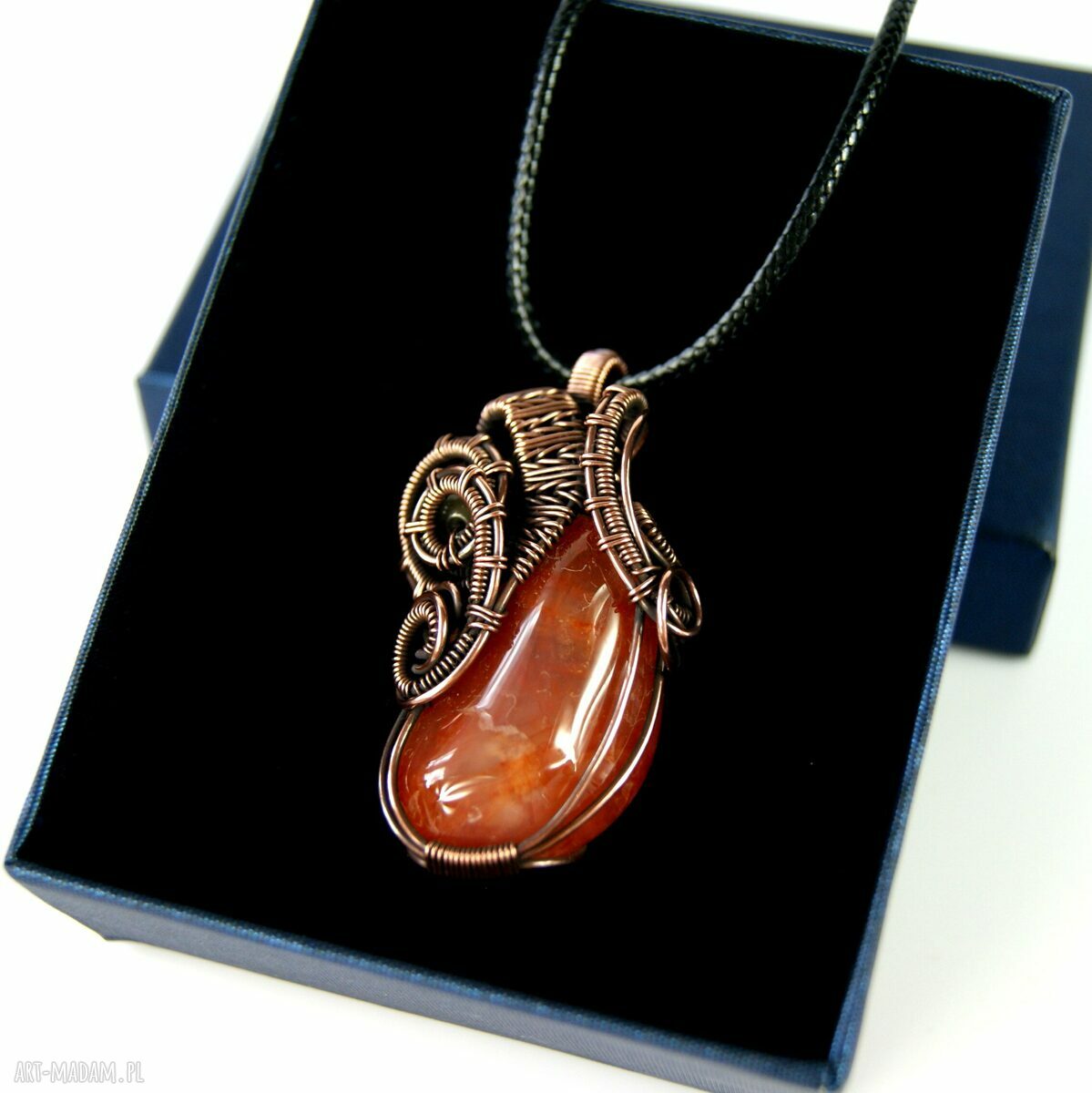 Wisiorek z karneolem i agatem - miedziany wire wrapping dla niej