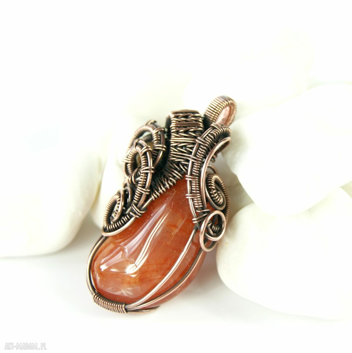 Wisiorek z karneolem i agatem - miedziany wire wrapping dla niej