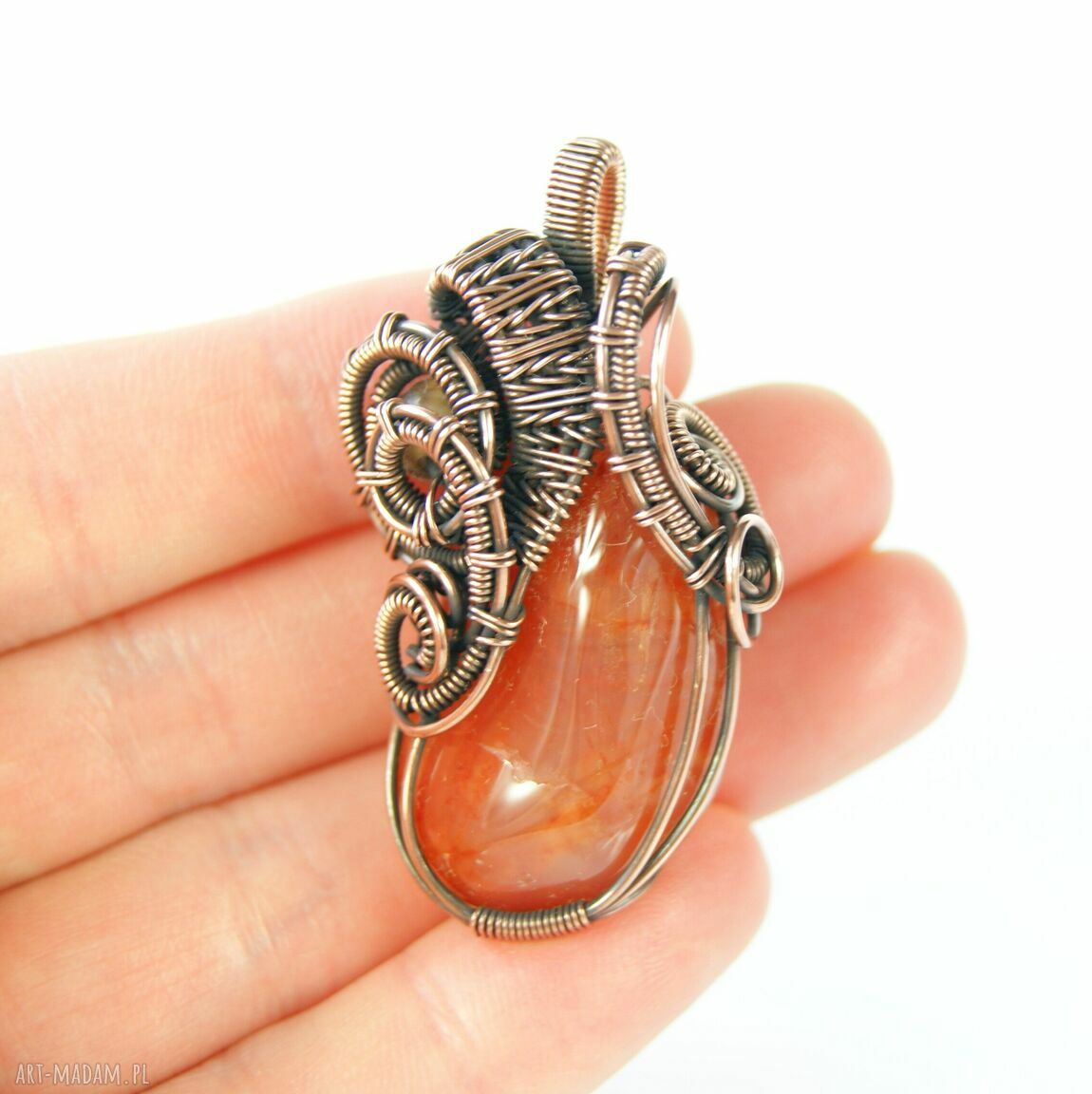 Wisiorek z karneolem i agatem - miedziany wire wrapping dla niej