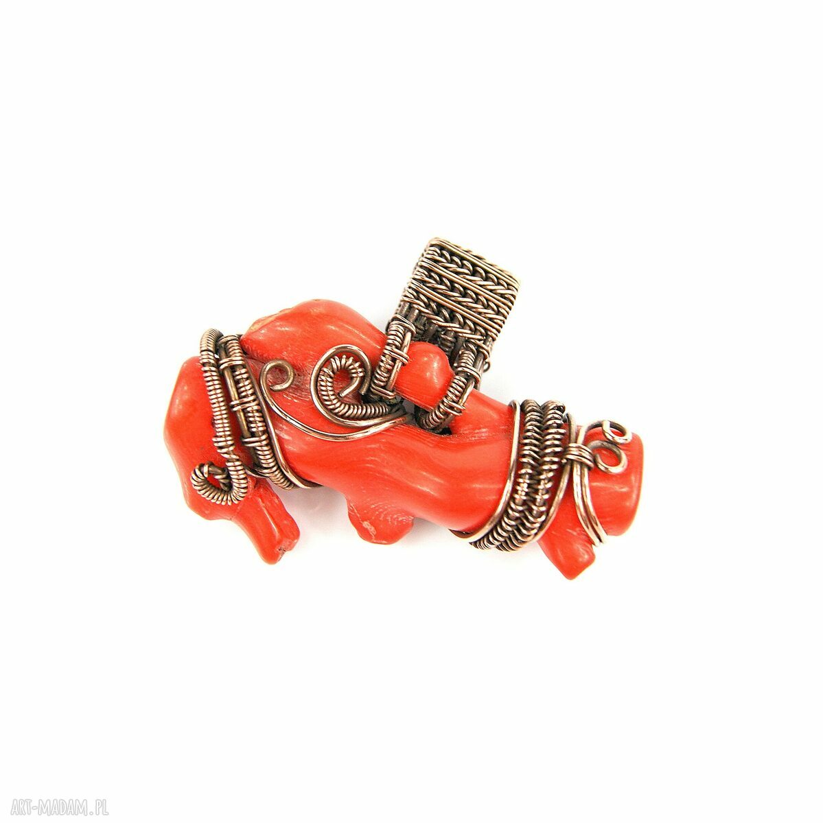 Wisiorek z koralem - wire wrapping z oksydowanej miedzi