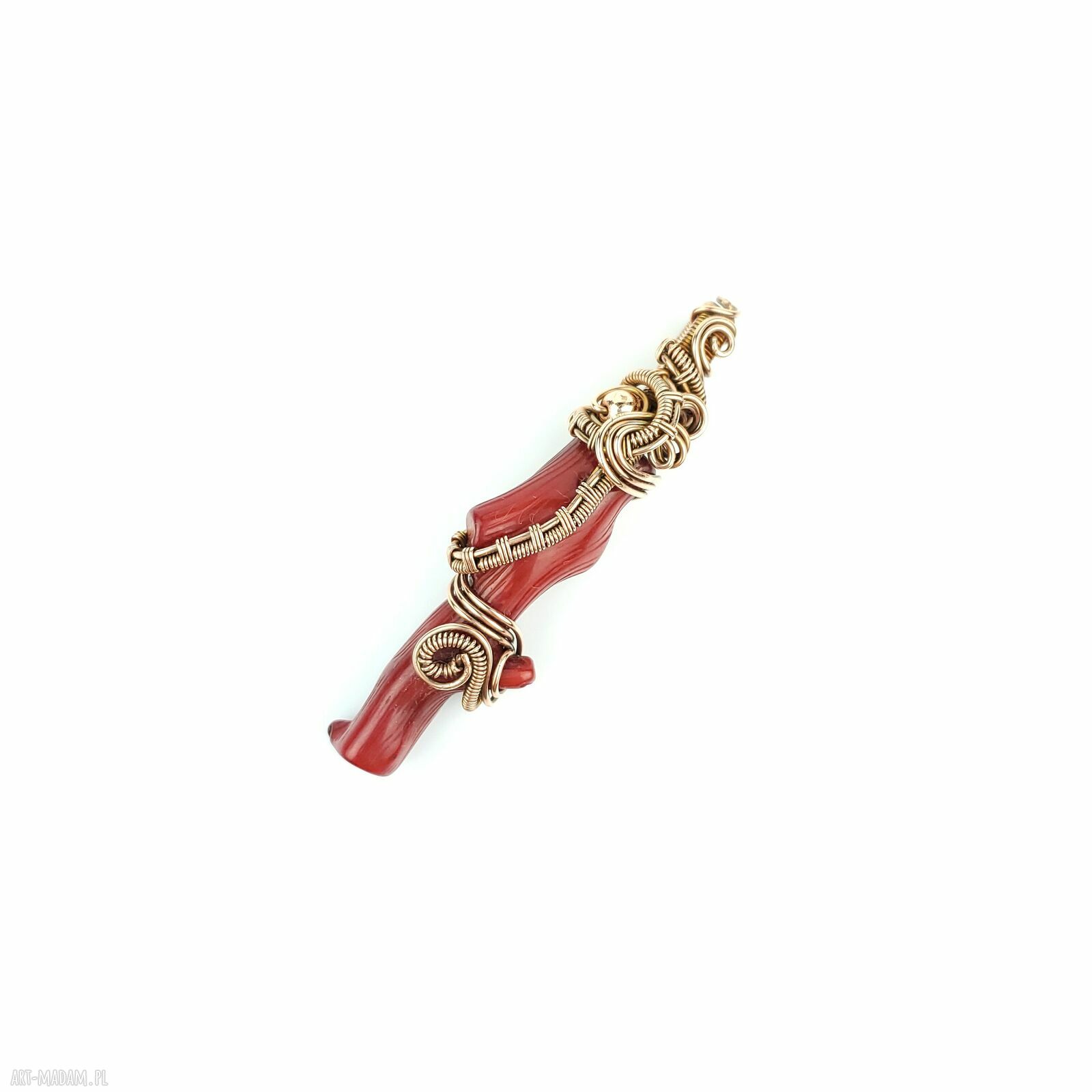 Wisiorek z koralem w miedzianej oprawie - ręczne wire wrapping