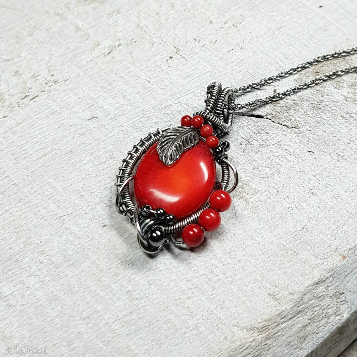Wisiorek z naturalnym koralem „kwiat morza” s205 - wire wrapping i srebro 999