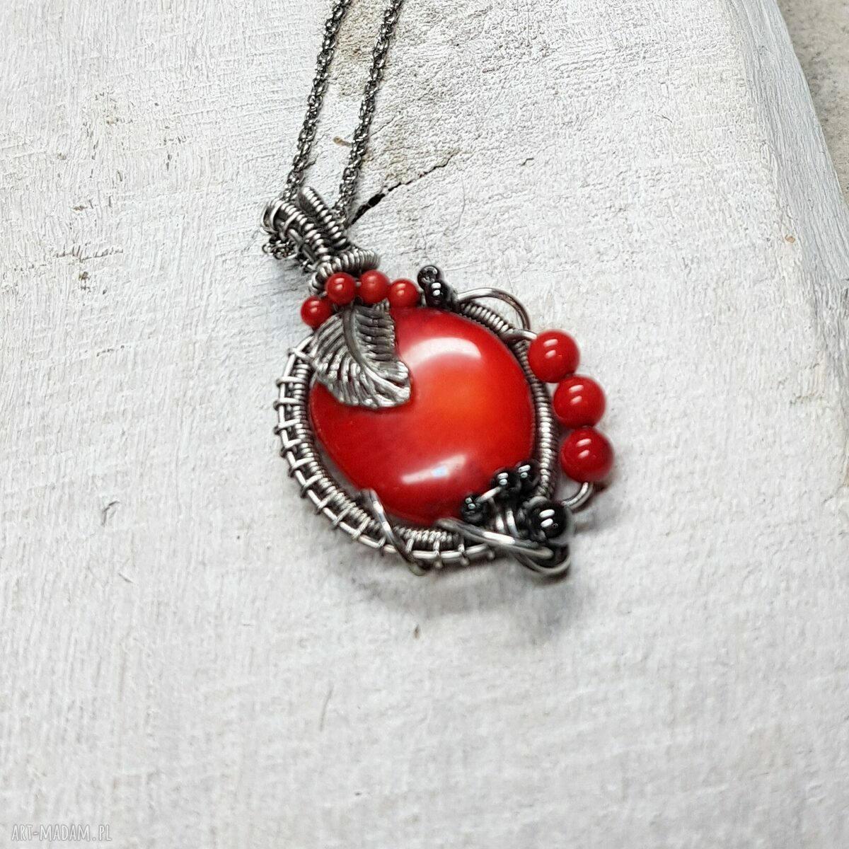 Wisiorek z naturalnym koralem „kwiat morza” s205 - wire wrapping i srebro 999