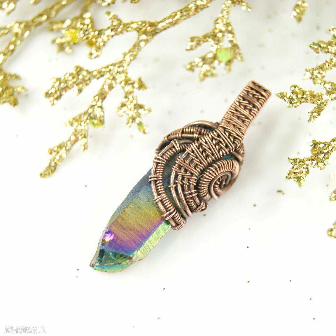 Wisiorek z kwarcem tytanowym Sunset Aura - miedziany wire wrapping