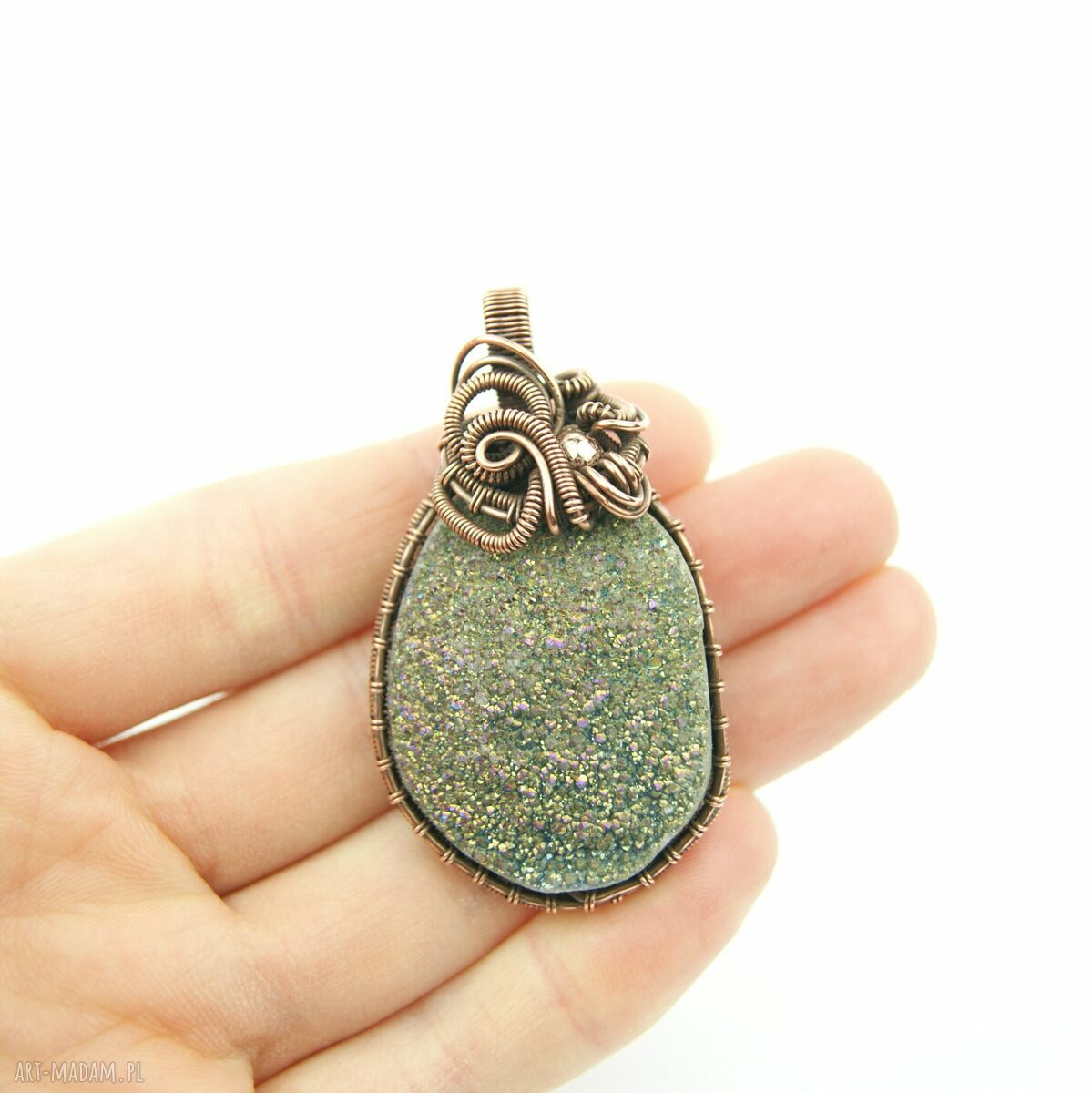 Wisiorek z kwarcem tytanowym - miedziany wire wrapping z hematytami