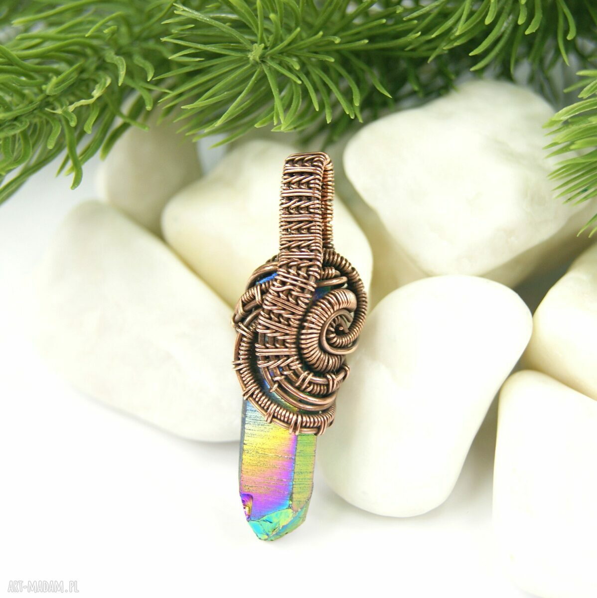 Wisiorek z kwarcem tytanowym Sunset Aura - miedziany wire wrapping