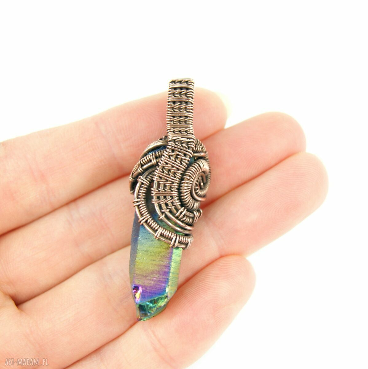 Wisiorek z kwarcem tytanowym Sunset Aura - miedziany wire wrapping