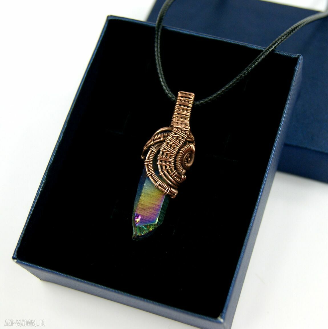 Wisiorek z kwarcem tytanowym Sunset Aura - miedziany wire wrapping